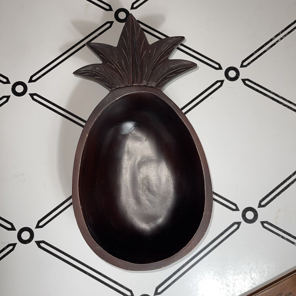 Dark Brown Mango Wood Pineapple Shaped Serving Bowl Hand Carved‎ Tropical Decor